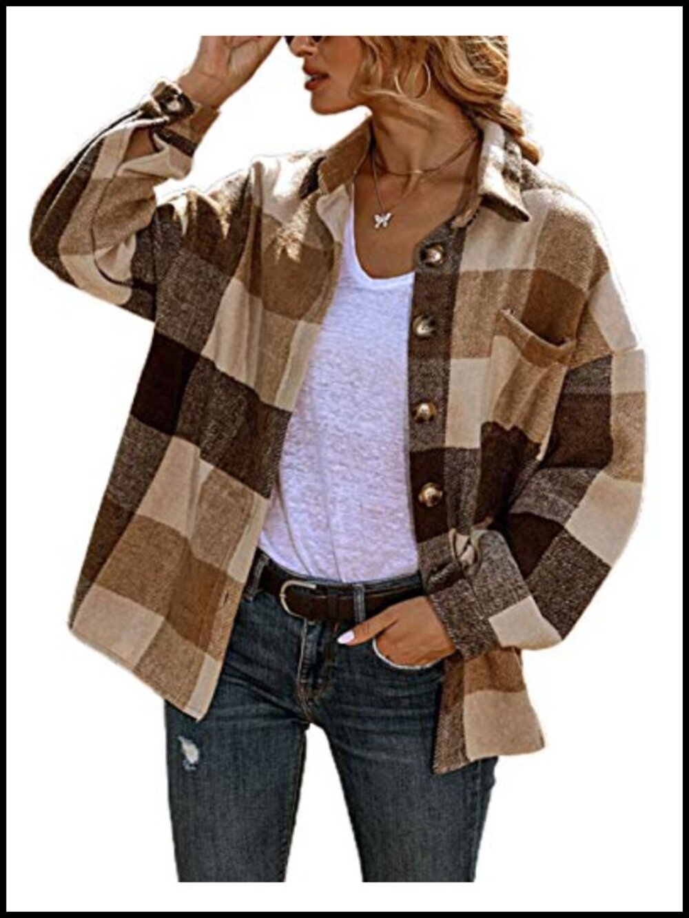 Wool Blend Oversized Button Down Plaid Shacket Shirt Jacket